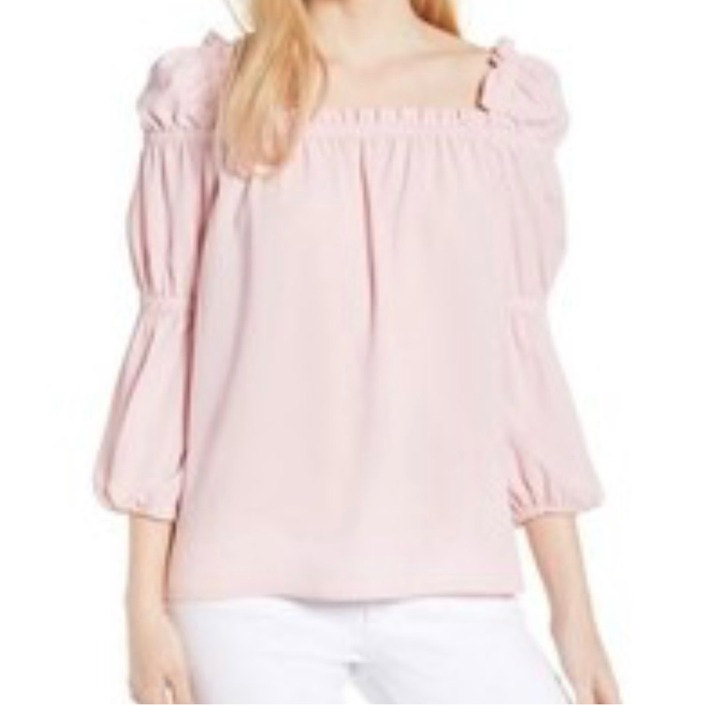 NWT! CeCe Ruffle Square Neck Blouse Rose Pink Size S 3/4 Tie-Sleeve.